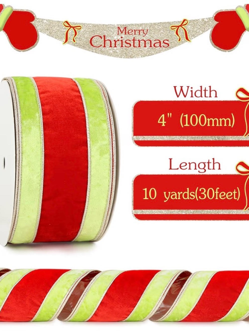 Holiday Velvet Ribbon in Red and Lime Green - Picture 2 of 11